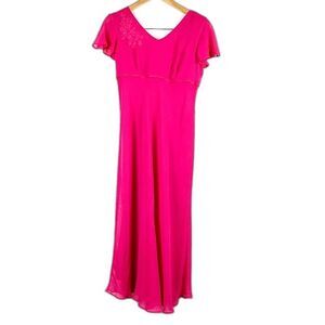 TALBOTS Embroidered Hot Pink Long Dress V-Neck Silk Blend Size 2